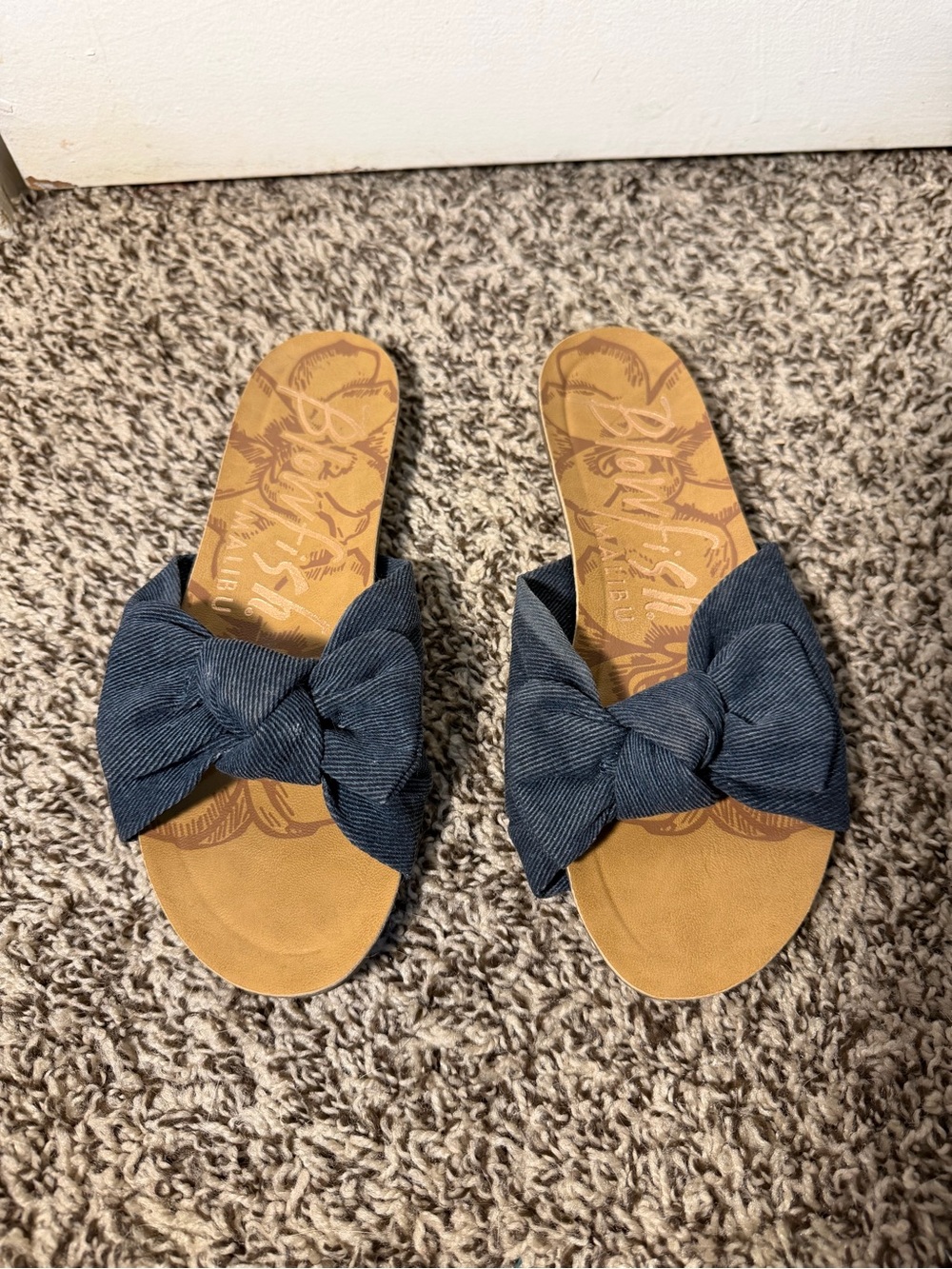 Knotted Navy Slide Mules with Tan Footbed